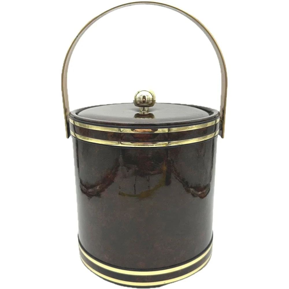 Vtg  MCM Faux Tortoise Shell Brown Marbled Vinyl Padded Ice Bucket‎ Handle Core